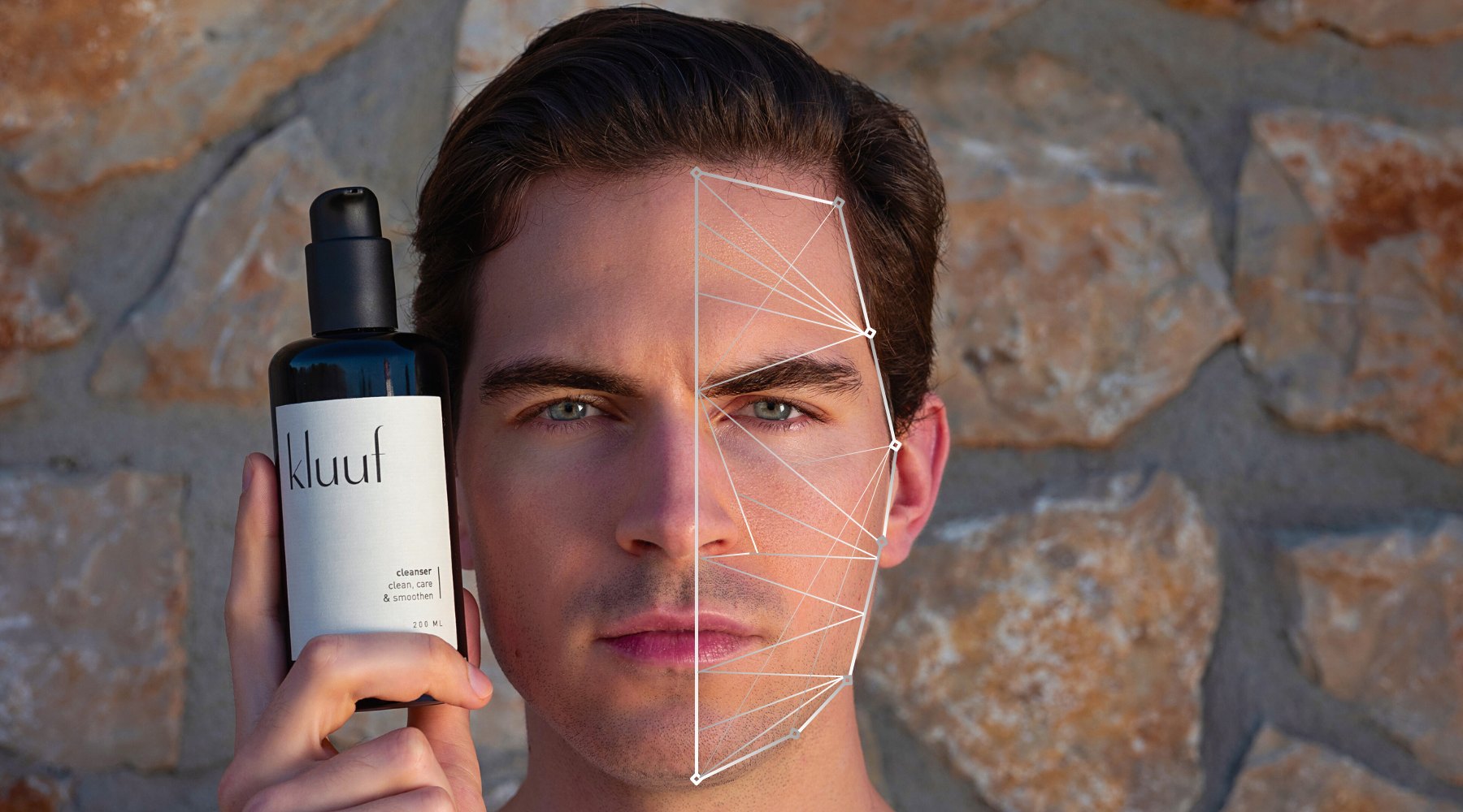 collagen structure outlined in male face, model holding kluuf cleanser